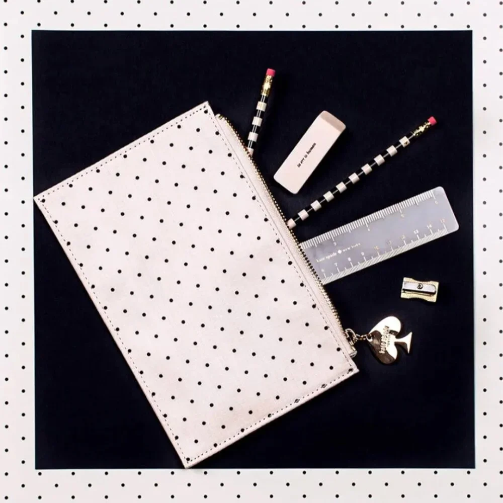 Kate Spade New York Ivory Black Polka Dots Zippered Leatherette Pencil Pouch